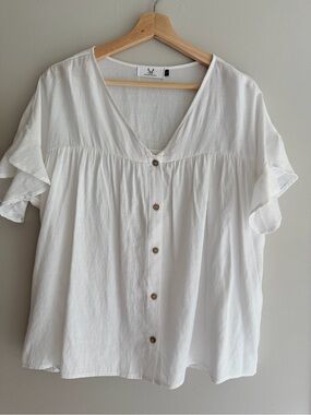 White Button-Front V-Neck Flutter Sleeve Top